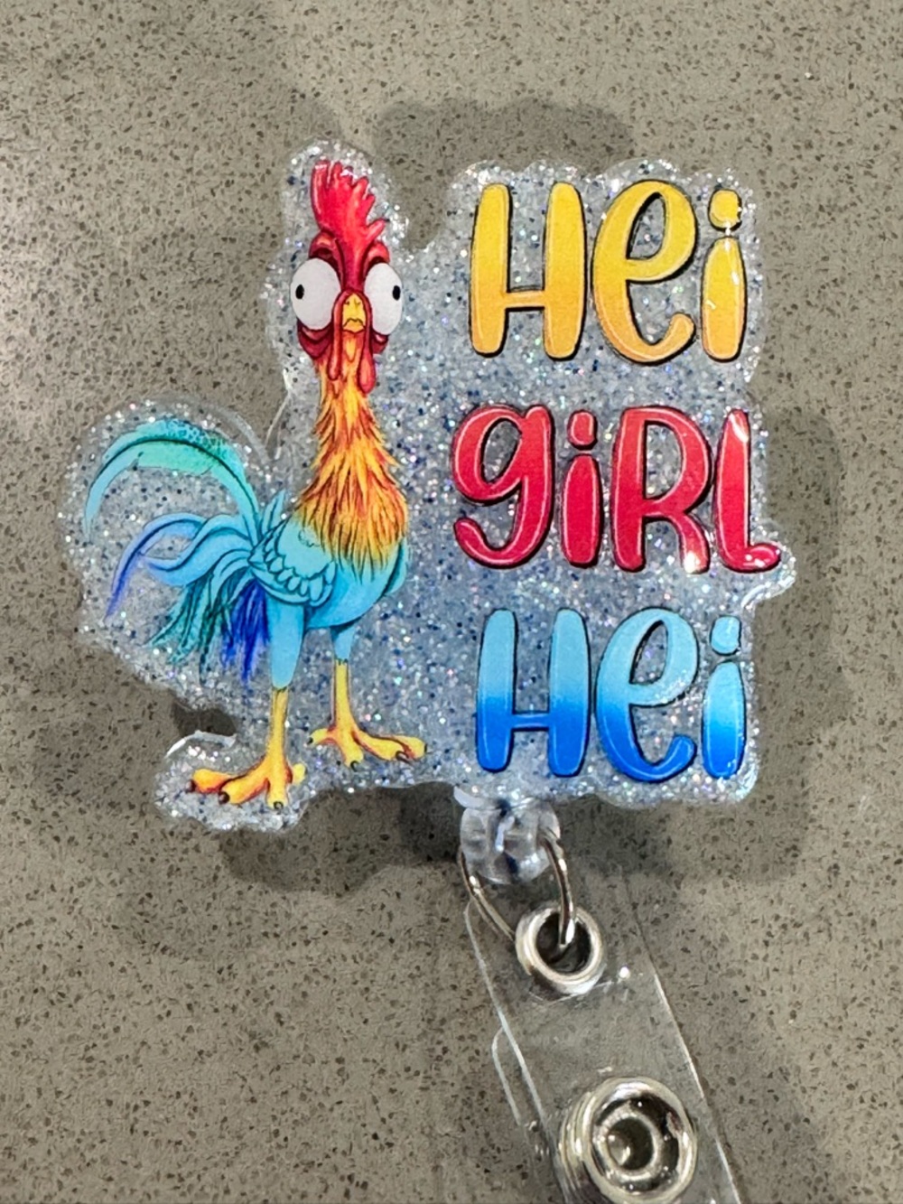 Colorful 'Hei Girl Hei' Rooster Badge Reel Acrylic Retractable Alligator Clip